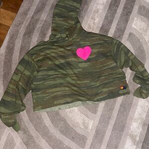 Aviator Nation Green Camo Hoodie with Pink Heart